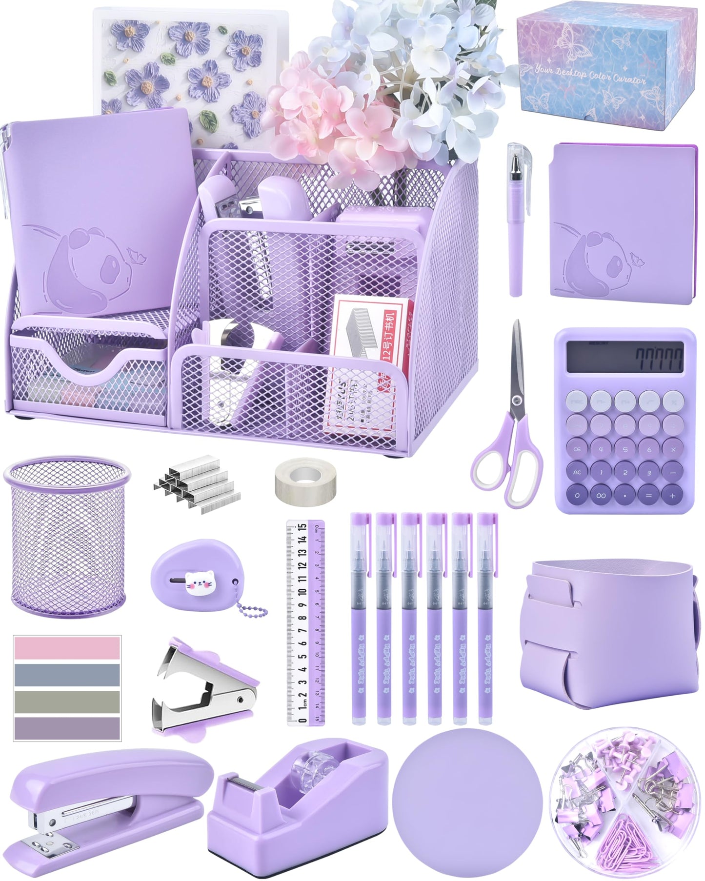 23pc Purple Desk Accessories and Organizers with Mesh Organizer Stapler Tape Dispenser Calculator and a Lot of Office Purple Office Supplies Beautifully Presented in a Gift Box