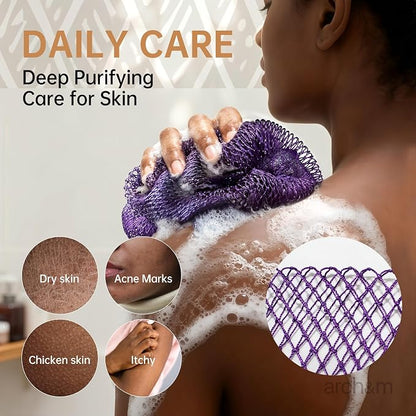 ARCH&M Authentic African Net Sponge with Knots, 2 Pack | 53" Extra-Long Back Scrubber, Quick-Dry Exfoliating Shower Mesh Loofah, Women and Men Daily Use, Gentle for Sensitive Skin