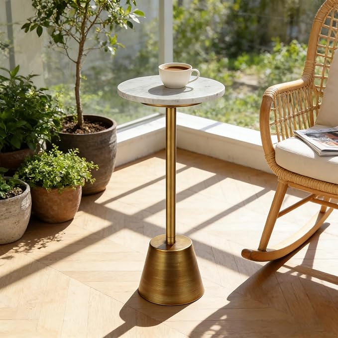 White Marble Pedestal Side Table, Round Accent End Table