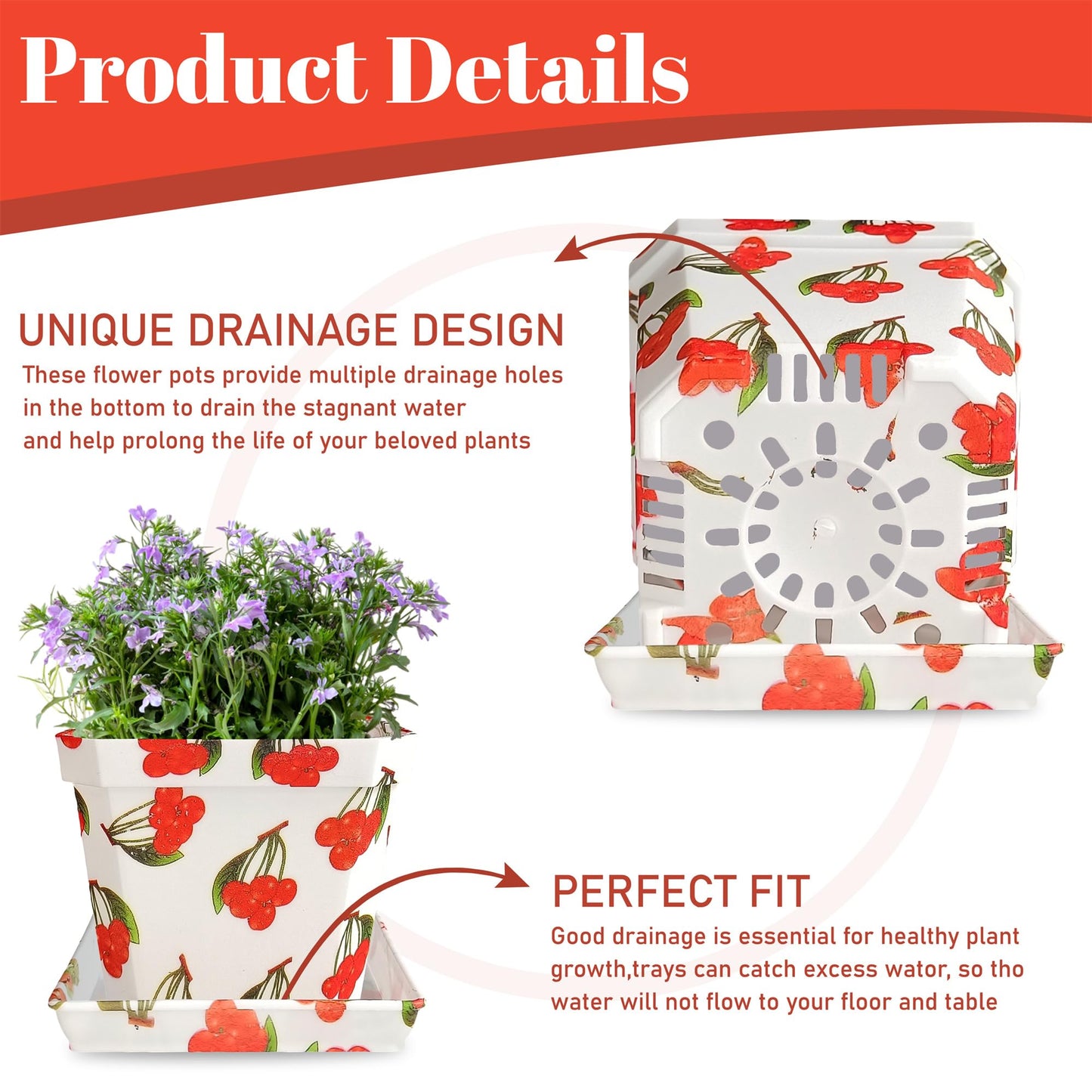 Plant Pots 4 Inch Square Plastic Decoration,Flower Pots Retro Design,Flower Pot with Drain Hole and Tray,for Outdoor Indoor Garden Home Plants (Fruit,4pcs)