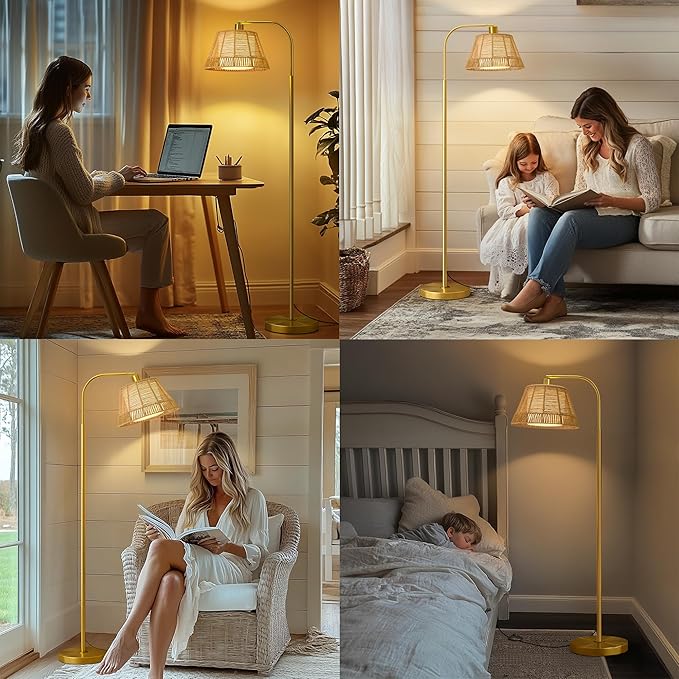Oneach Arc Floor Lamp for Living Room, Rattan Boho Floor Lamp