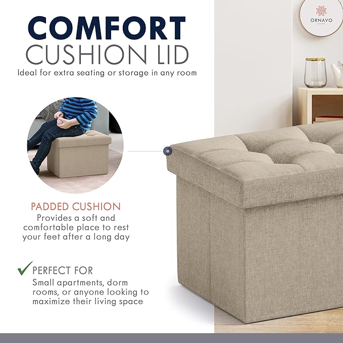 Ornavo Home Small Storage Ottoman, Foldable Collapsible Rectangle Linen Ottoman