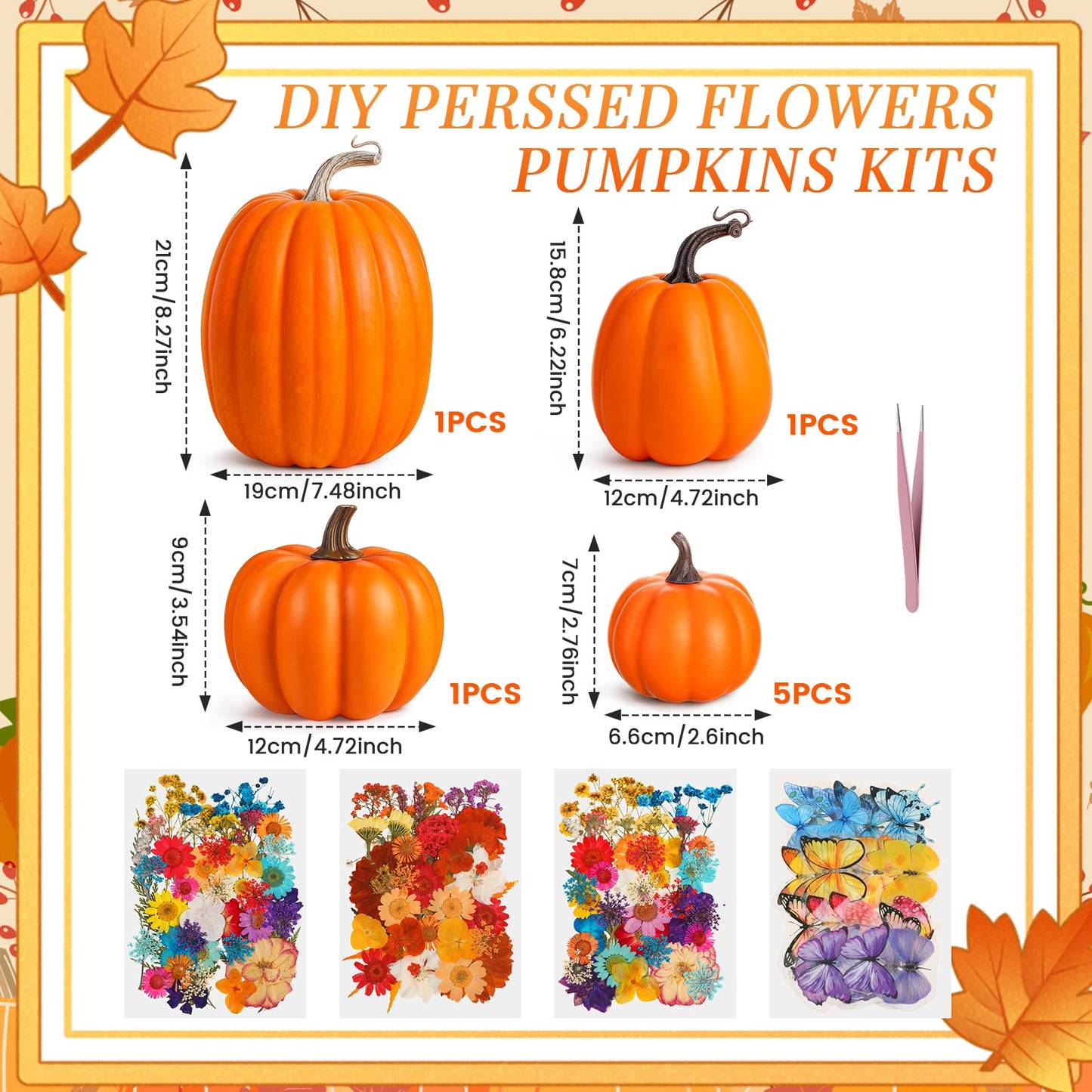 Canlierr 8 Pcs Artificial Pumpkins Fall Decor with 150 Pcs Dried Flower Butterfly Stickers & 1 Handy Tweezer DIY Craft Pumpkin for Thanksgiving Table Centerpiece Mantel Shelf (Orange)