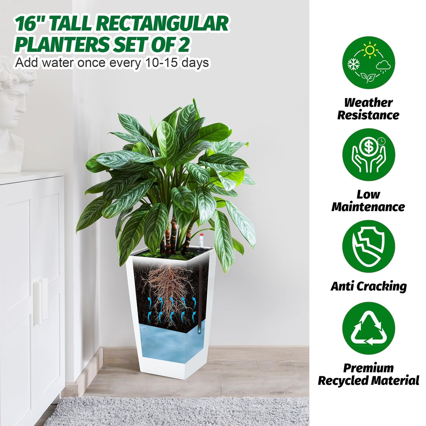 SierraSquad 16" Tall Planters Set of 2, Indoor & Outdoor Black Planter Pots, High Front Porch Planters with Drainage Holes, Water Level Monitor, and Inner Bucket, White