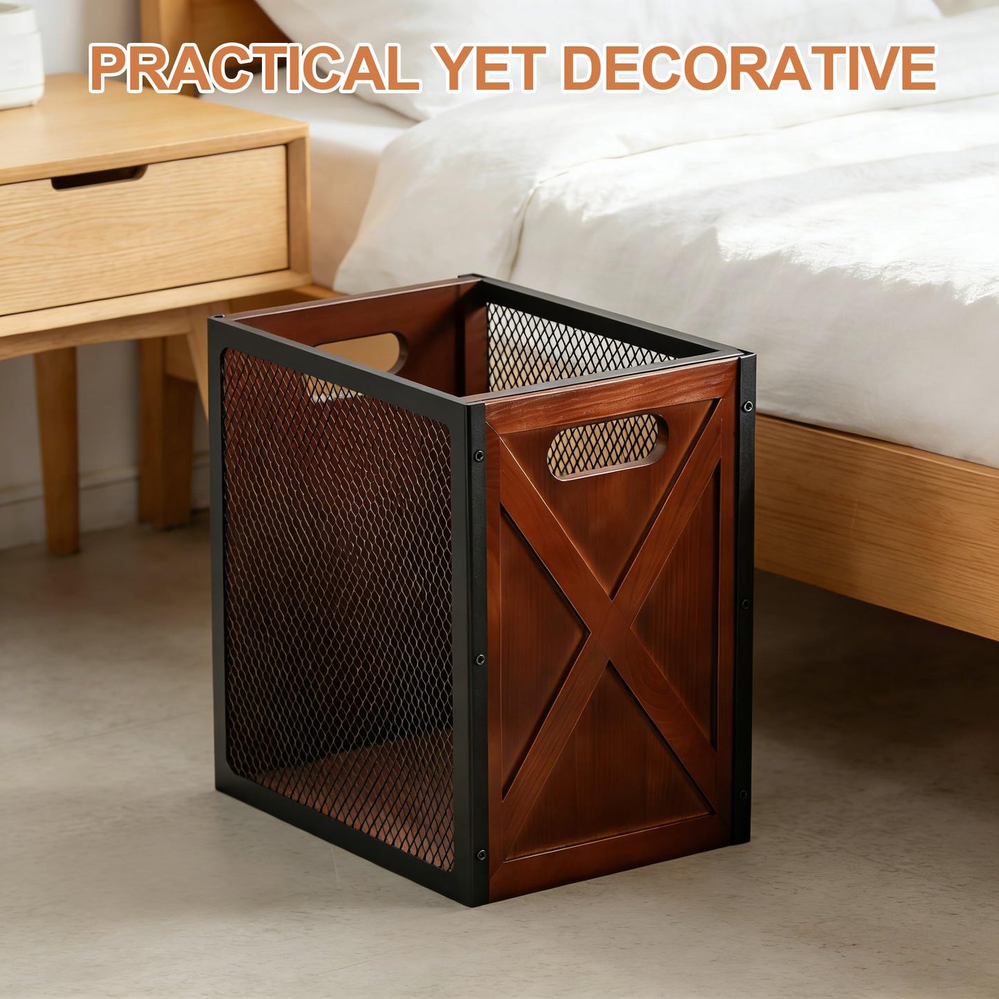 Rustic Office Trash Can - Rectangular Waste Basket with Iron Mesh, 4.5 Gallon Wooden Garbage Can, Bathroom Garbage Bin with Handles, Decorative Trash Can for Home Office Bedroom