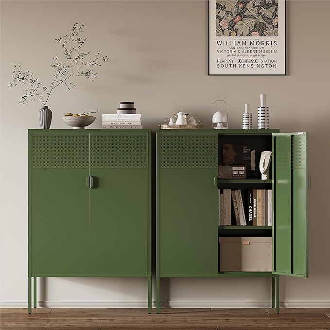 Metal Storage Cabinet, 2 Door TV Stand, Metal Mesh Accent Cabinet, Magnetic