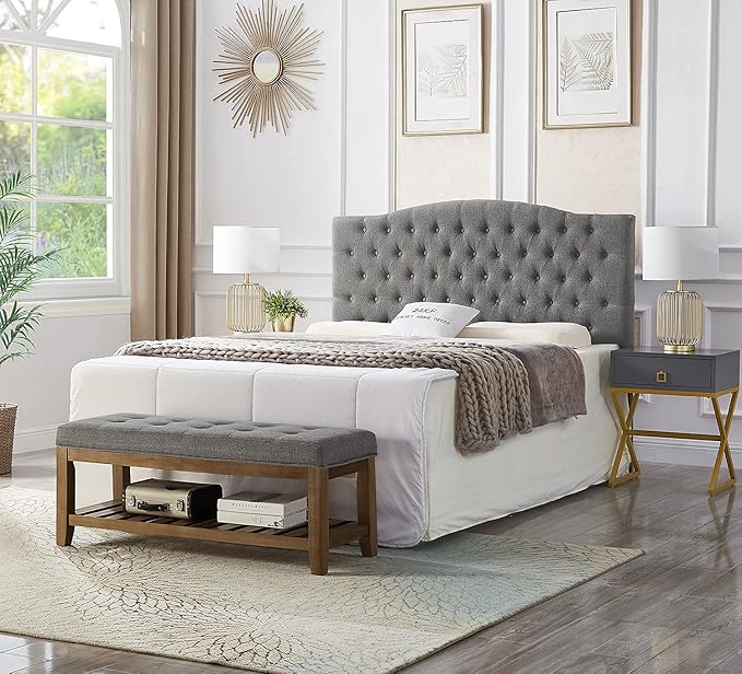 24KF Large Rectangular Upholstered Tufted Linen Fabric Ottoman Bench, Padded