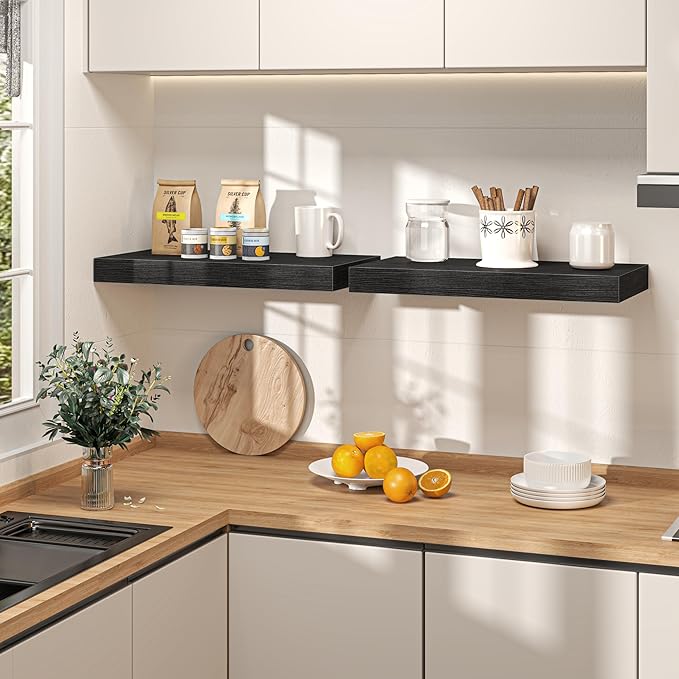 30Inch Black Floating Shelves for Wall, 12 Inch Deep Shelves for Bedroom