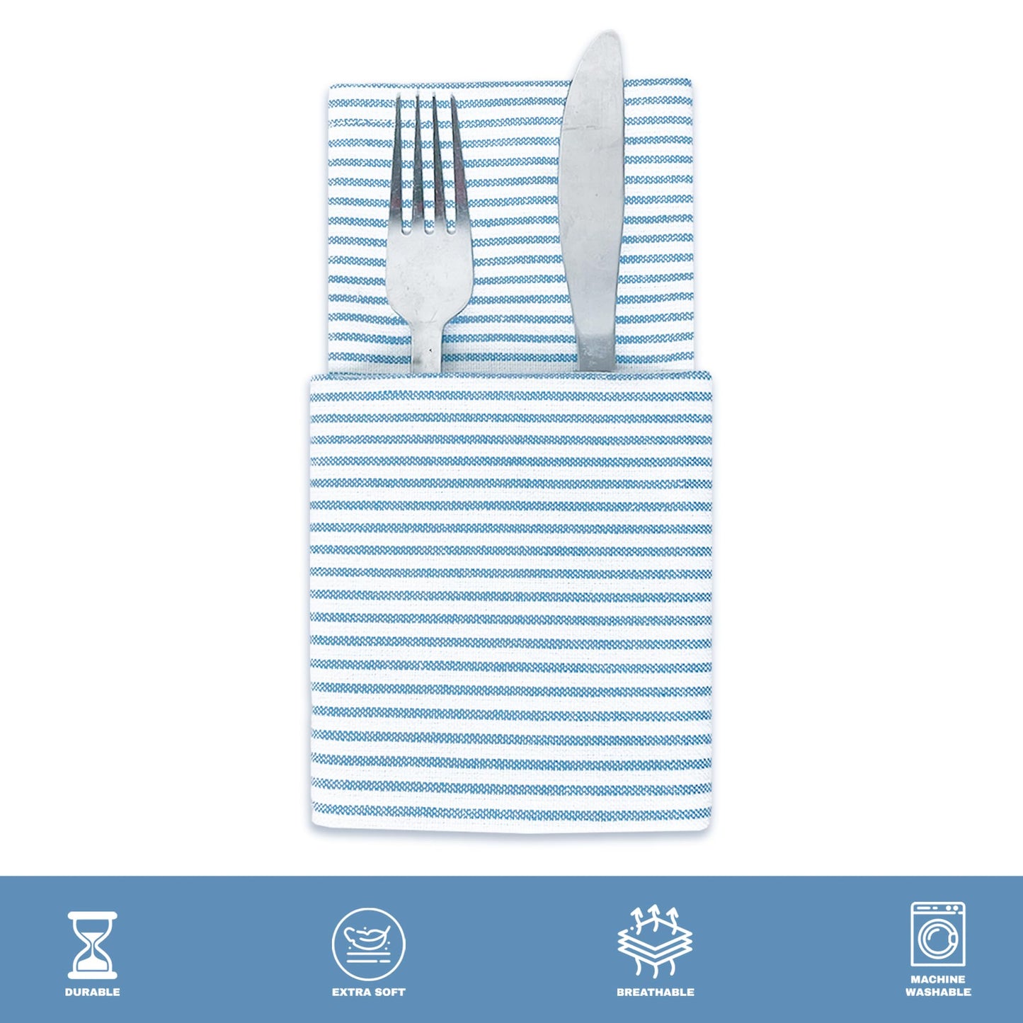 CHARDIN HOME Sky Blue & White Pinstripe Napkin, 18x18 in, Set of 6 Everyday Cloth Napkins, Recycled Cotton, Also Perfect for Holidays, Dinner Parties, Birthdays, Weddings, Hotels