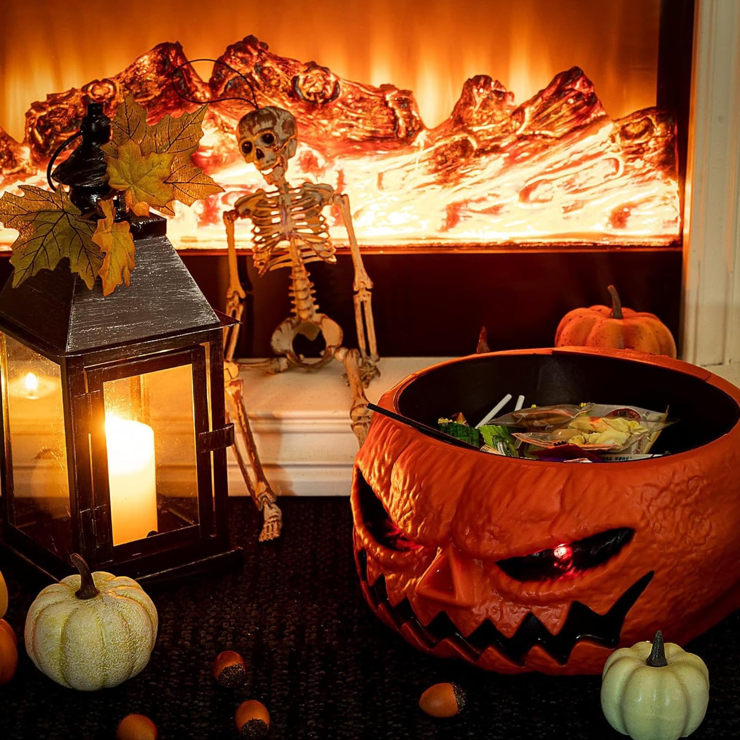 Halloween Candy Bowl, Animated Halloween Skull Pumpkin Bowl, Automatic Sensor/Button Press Scary Candy Dish with Creepy Moving Skeleton Hand and Scream for Trick or Treat to Kids(Pumpkin Style)