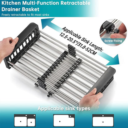 Dish Drying Rack, Stainless Steel Dish Drainer with Adjustable Arms Holder Functional Kitchen Sink Organizer for Vegetable and Fruit, Black Large