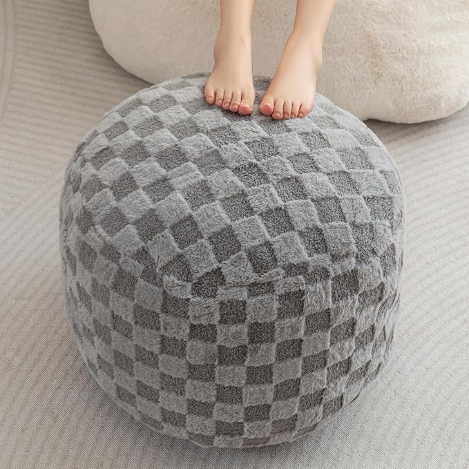 HIGOGOGO Round Stuffed Pouf Ottoman, Plaid Poufs
