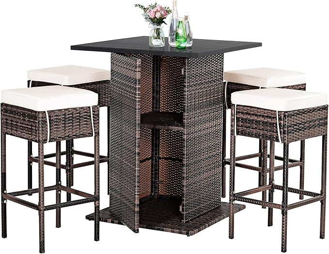 Tangkula 5 Piece Outdoor Rattan Bar Set, Patio Bar Furniture