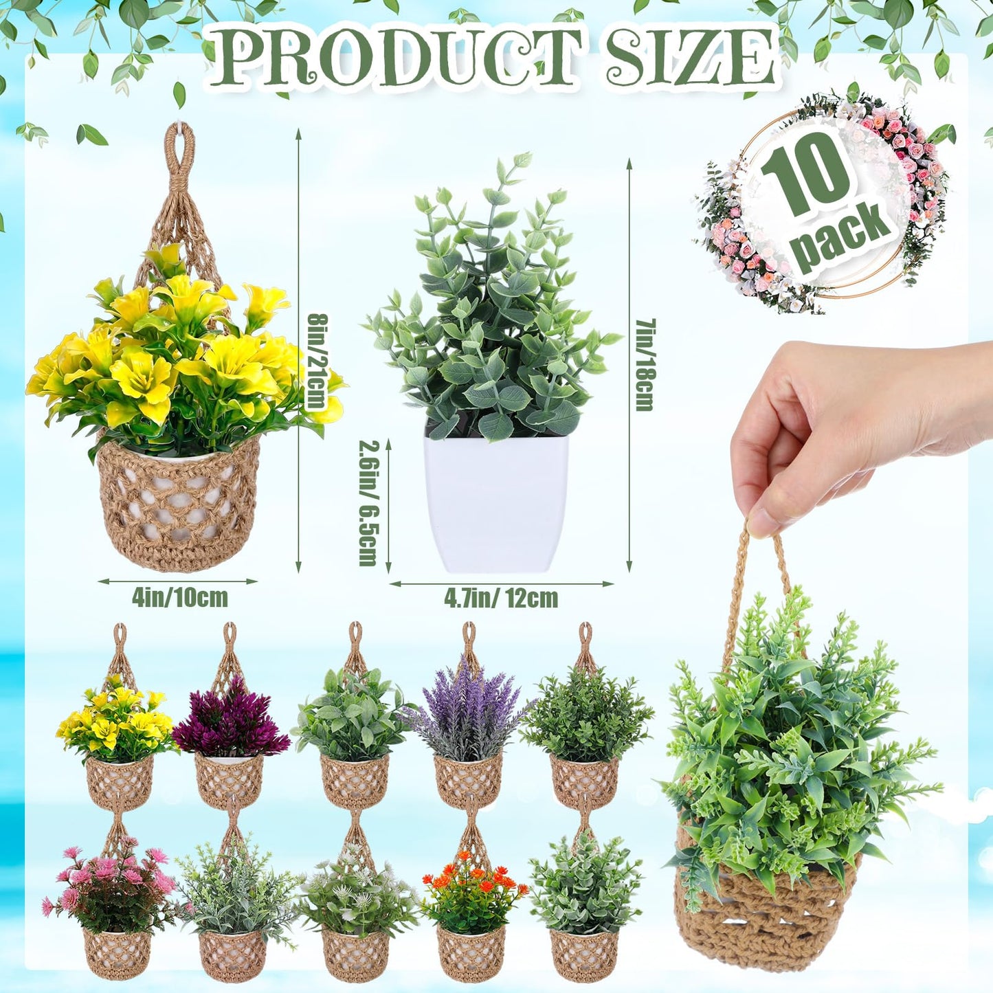 GliCraft 10 Pack Macrame Wall Plant Hanger with Artificial Pot Flower - Boho Wall Hanging Planter for Indoor Plant Cotton Rope Holder with Mini Fake Pot Flower for Home Wedding Decor Gift(Jute)