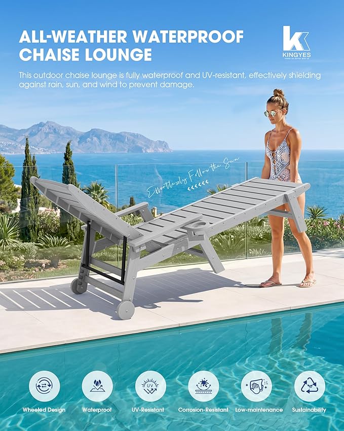 KINGYES HDPE Lounge Chair Outdoor Set of 2, Patio Chaise Lounge Recliner