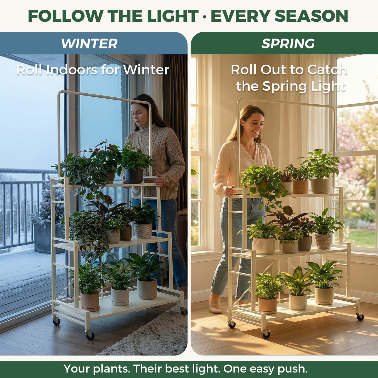 Plant Stand, 4-Tier Foldable Plant Shelf with 3 Shelves and Hanging Rod, Rolling Plant Stand with Wheels, No Assembly Flower Pot Stand for Indoor Outdoor, Sturdy Anti-Tip Plant Rack (Cream White)