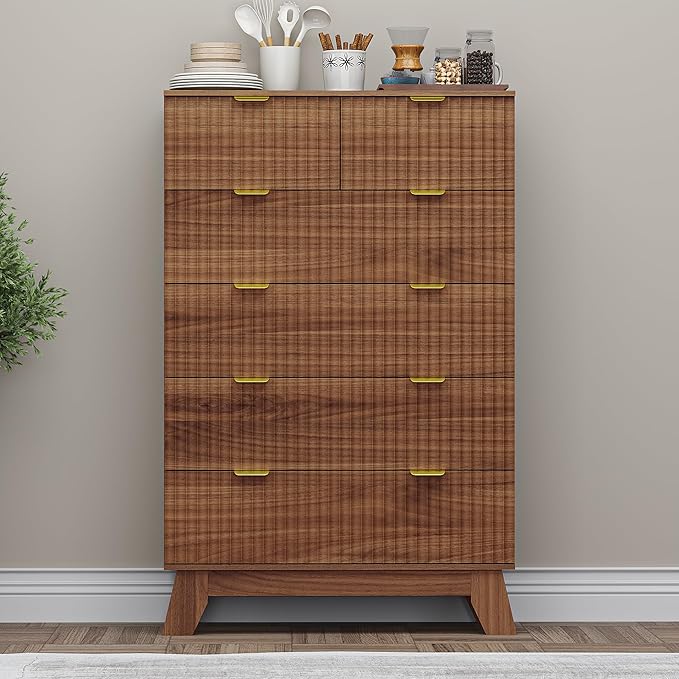 BORNOON 46" Tall Dresser for Bedroom, 6-Drawer Fluted Chest of Drawers