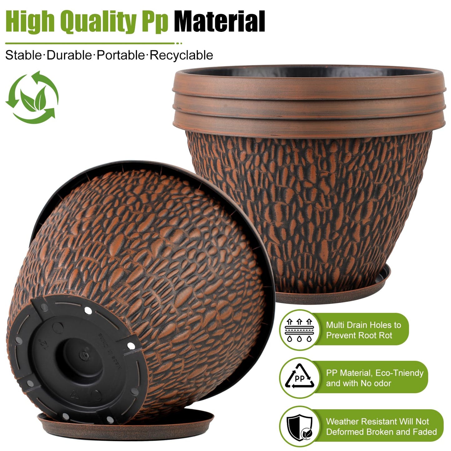 Nooulap 4 Pack 8 inch Small Plant Pots and 4 Pack 16 inch Large Flower Pots, for Indoor Outdoor Plants, Plastic Flower Pots Outdoor with Drainage Hole & Tray, Lightweight Planters Garden Home Decor