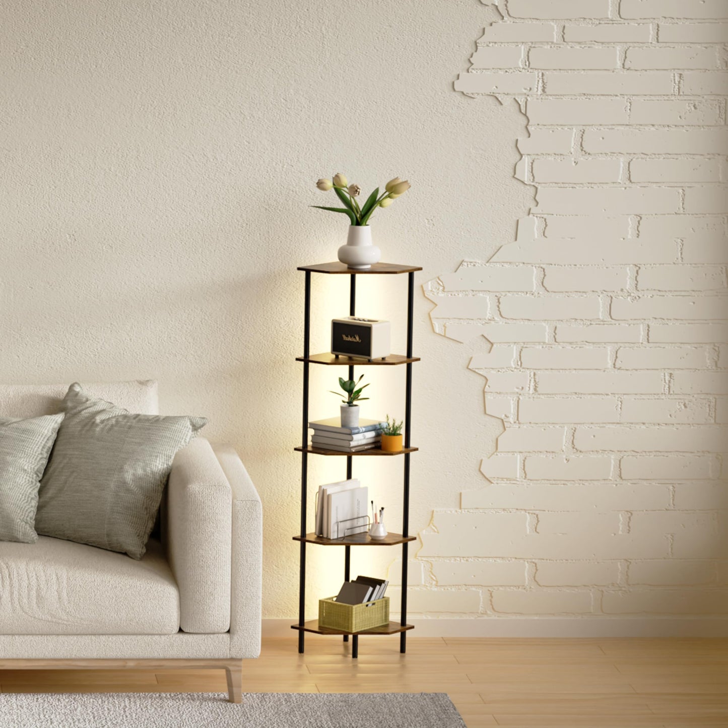 Corner Shelf Stand, Storage Standing Shelf Unit with Metal Frame, Narrow Bookshelf with LED Light Brown Plant Display Stand, Multi Unit Organizer Corner Cabinet for Bedroom, Living Room (5 Tier)