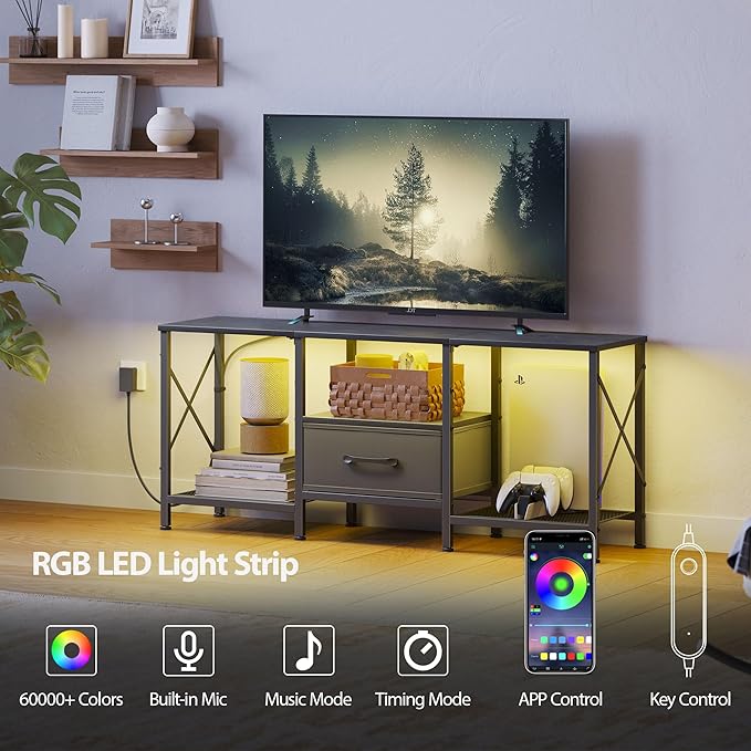 JARHETUN LED TV Stand with Fabric Drawer, Entertainment Center