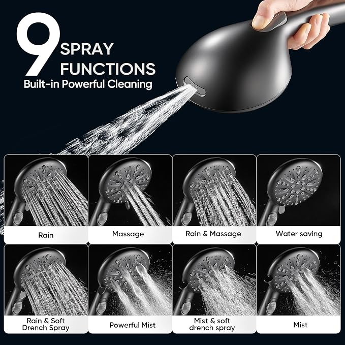 Cobbe 9-Function Shower Head with Built-in Power Spray, 1.8 GPM Water Saving ON/OFF Toggle Switch, High Pressure Handheld Showerhead with 1-Click Pause Button, Brass Bracket & 6ft Hose, Matte Black