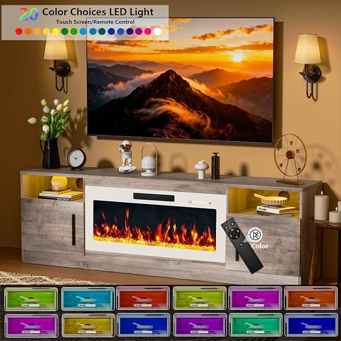 PRETZI Fireplace TV Stand with 36" Fireplace Up to 80" TVs, Remote Control