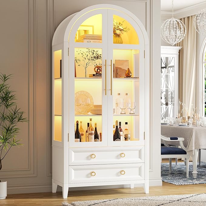 Arched Curio Cabinet with Glass Doors, 4-Tier Display Cabinet with 2 Drawers