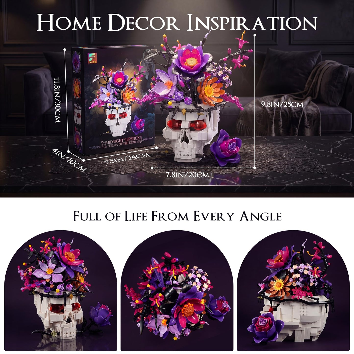 YP YuanPei Rose Skull Flower Bouquet Building Set, Wildflower Botanical Collection Kit for Adult Women, Horror Gothic Skeleton Decor for Goth Home Table Art Decor, Girlfriend/Mom/Wife/Couple