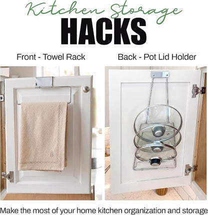 Evelots 2-in-1 Pot Lid Organizer with Towel Holder - 2 Pack, 3-Tier Cabinet Door Rack - Space-Saving Kitchen Organizer for Glass or Metal Pan Lids & Towels - Over the Door Design - Chrome