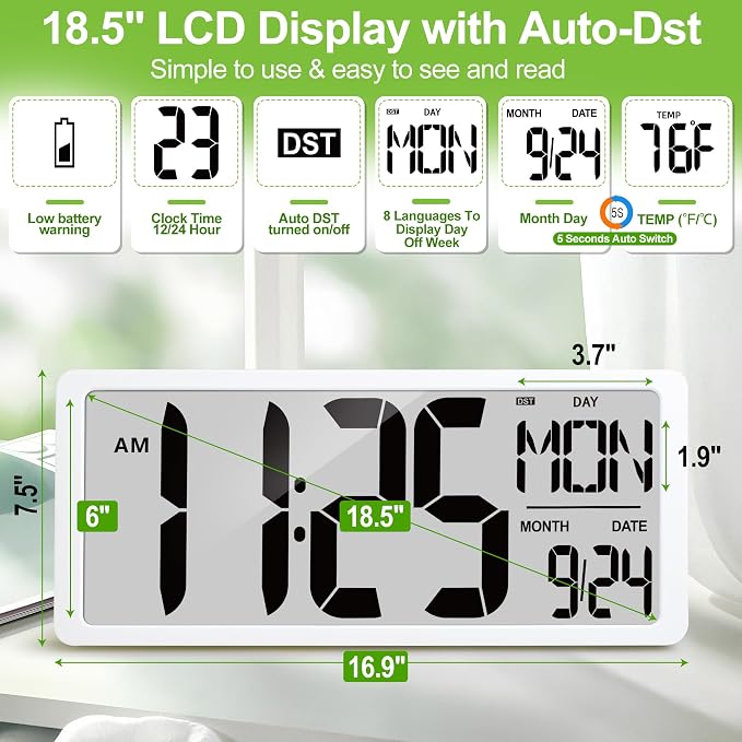 18.5" Extra Large Digital Wall Clock Battery Operated Wall Clock with Time/Calendar/Temperature Jumbo LCD Display Count Up Down Timer Alarm Clocks for Home Office Bedroom (Batteries Included)