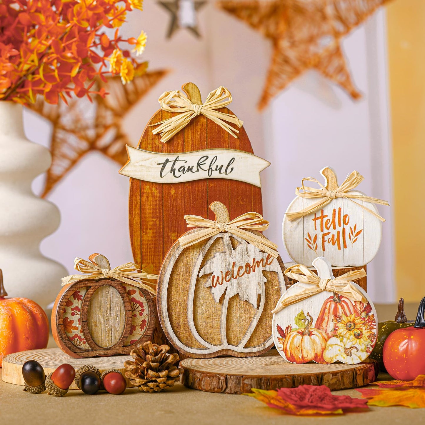 GlikCeil 5 Pcs Fall Brown Pumpkin Decor for Home Thanksgiving Wooden Table Centerpiece Decorations Fall Wooden Pumpkin Signs for Autumn Farmhouse Home Living Room Kitchen Mantle Tabletop Supplies