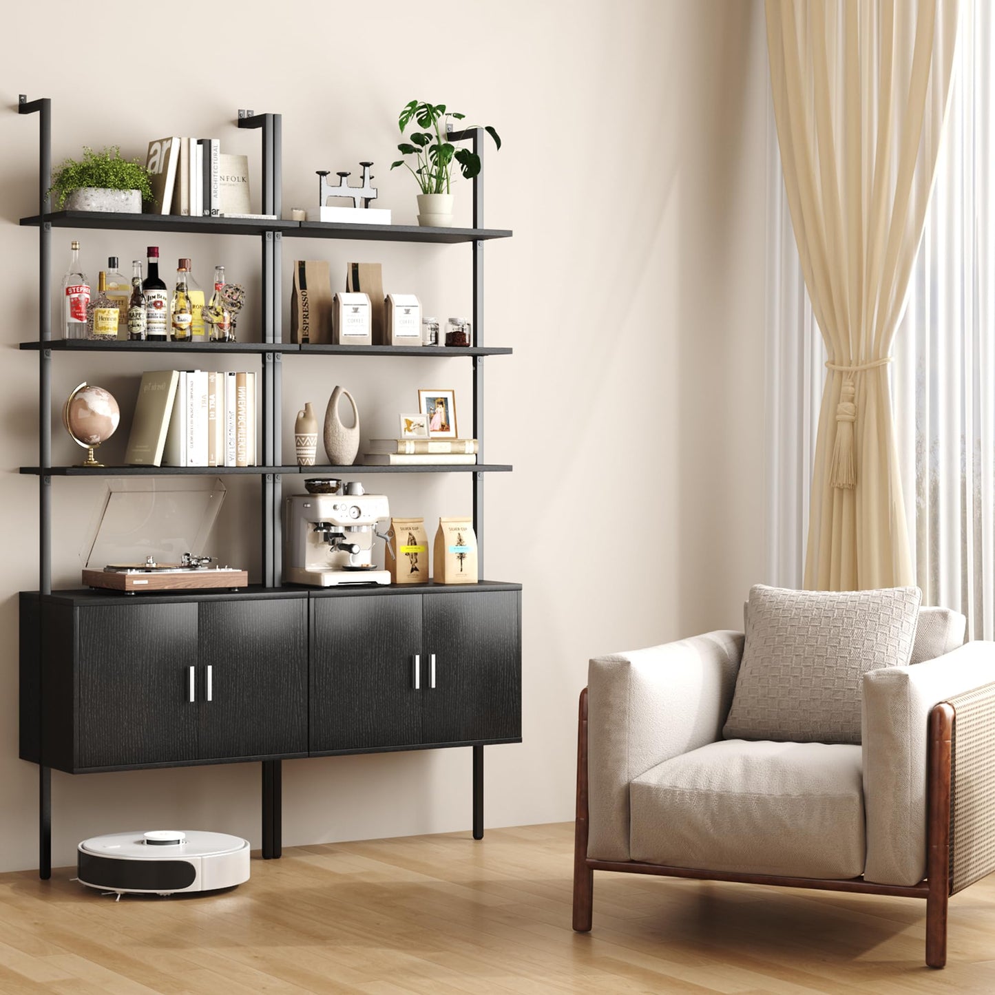 Yusong 73" Tall Bookshelf with Cabinet, Industrial Ladder Wall Mount Shelf Bookcase with Wood and Metal Frame, Plant Shelf Wall Storage Display for Living Room Bedroom, Black Wood Grain