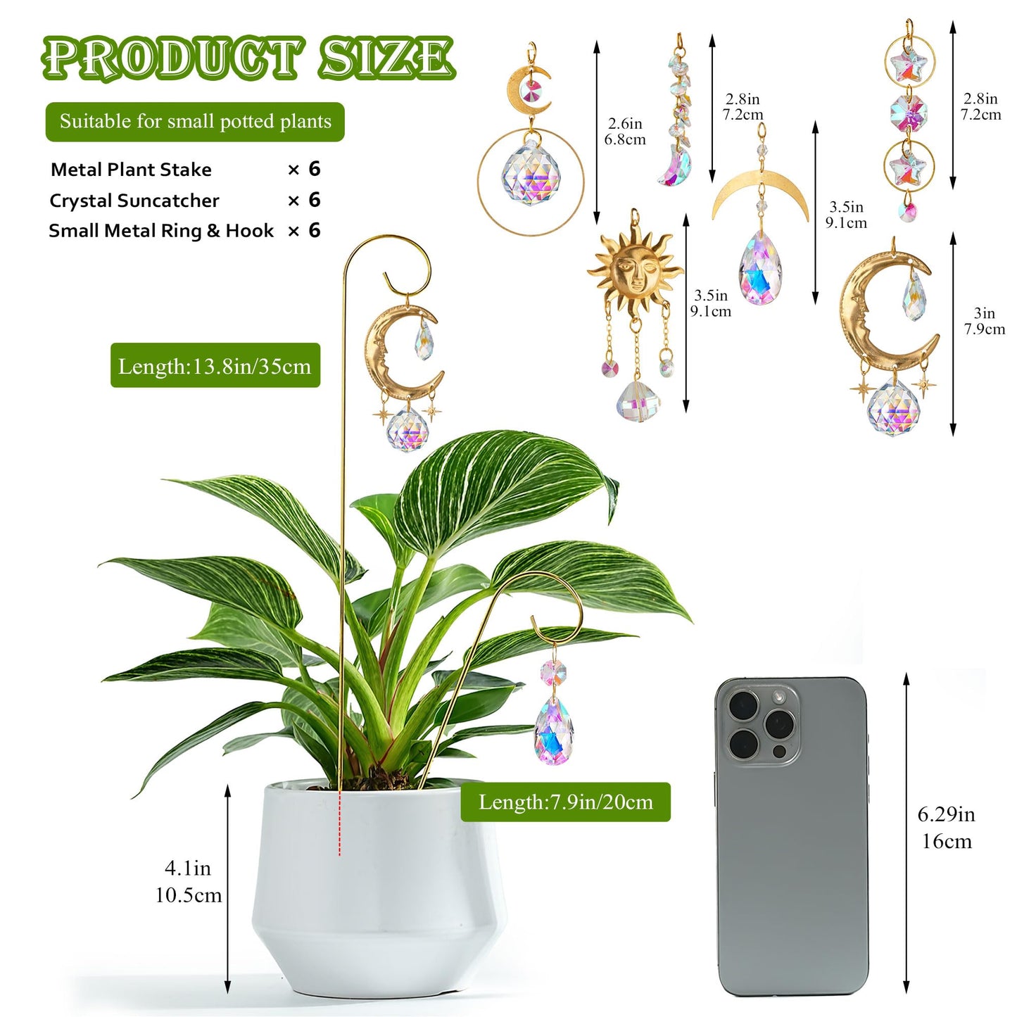 HDCRYSTALGIFTS 6PCS Small Trellis with Crystal Sun Catchers for Potted Plants, 13.5inch Fairy Garden Plant Stakes Suncatchers for Mini Potted Indoor Outdoor Decorations (Sun & Moon Styles)