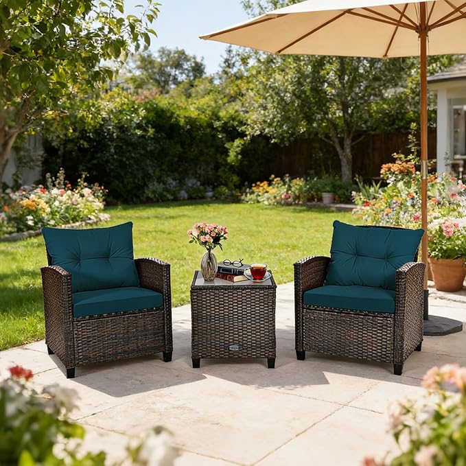 COSTWAY 3PCS Patio Furniture Set, PE Rattan Wicker Sofa w/Washable Cushion and