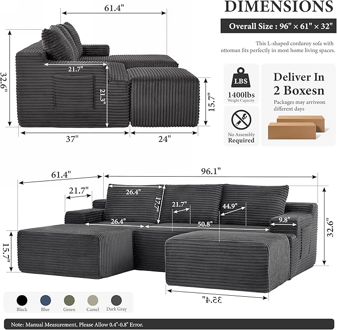 96" Sectional Couches for Living Room Cloud Couch Sofa
