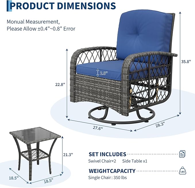 Garvee 3 Pieces Patio Furniture Set, Outdoor Swivel Glider Rocker Set