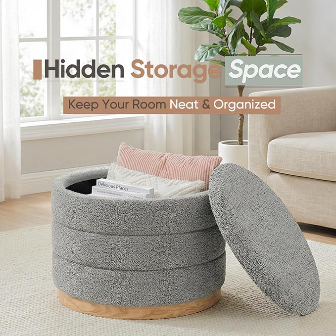Round Storage Ottoman with Tray Lid, Folding Chenille Fabric Footrest with