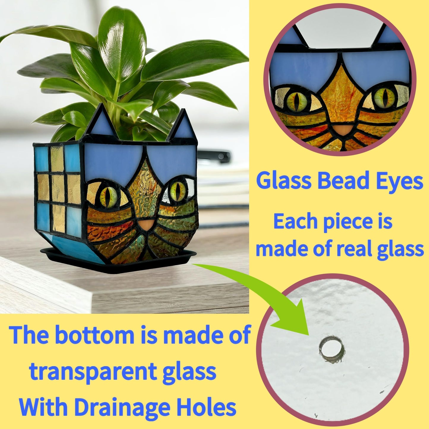 Entlityful Tiffany Style Stained Glass Cat Flower Pots with Drainage,Funny Blue Cat Planter,Cute Garden Pots,Flower Pots for Indoor Plants,Gifts for Plant Lovers,4.6x3x5.15 in