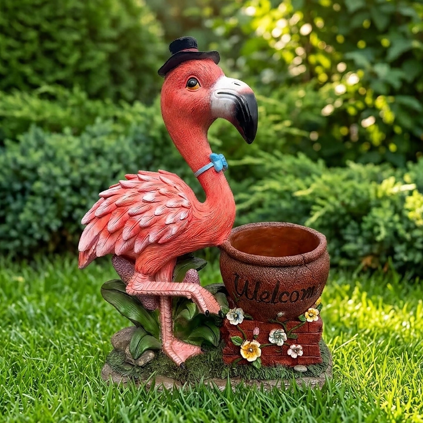UNOIRNM Flamingo Welcome Planter Garden Statue - with Top Hat & Blue Bowtie – Lifelike 26.8” Tall, Weather-Resistant Resin – Perfect for Outdoor Lawn, Patio, & Porch Décor – Black top hat