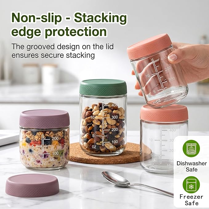 12 Pack Overnight Oats Containers with Lids, 16oz/10oz/4oz Glass Jars with Airtight Lids, Wide Mouth Mason Jars, Reusable Food Storage Containers for Oats, Chia Pudding, Salad, Spice, Meal Prep