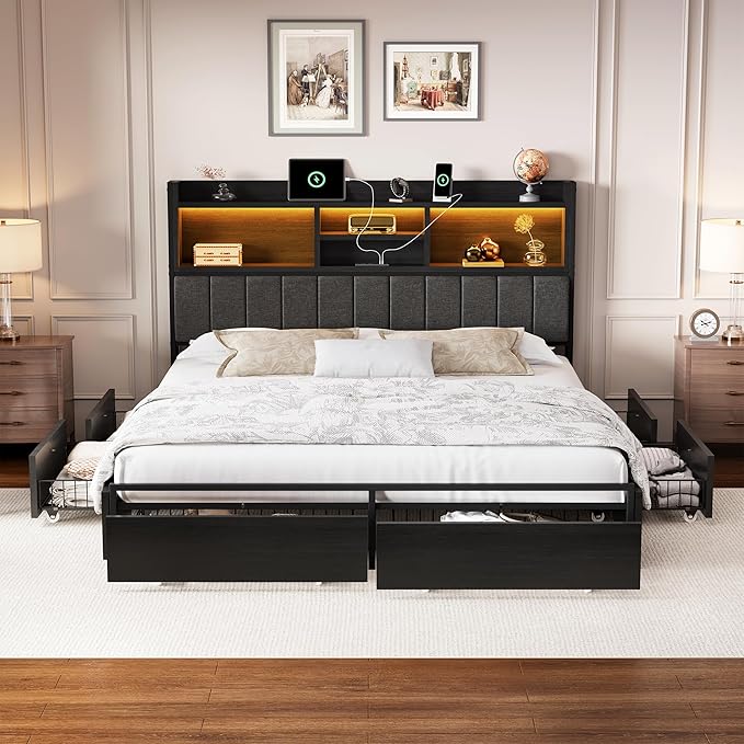 LARMACE Queen Bed Frame with 6 Storage Drawers, Bed Frame Queen Size with Linen