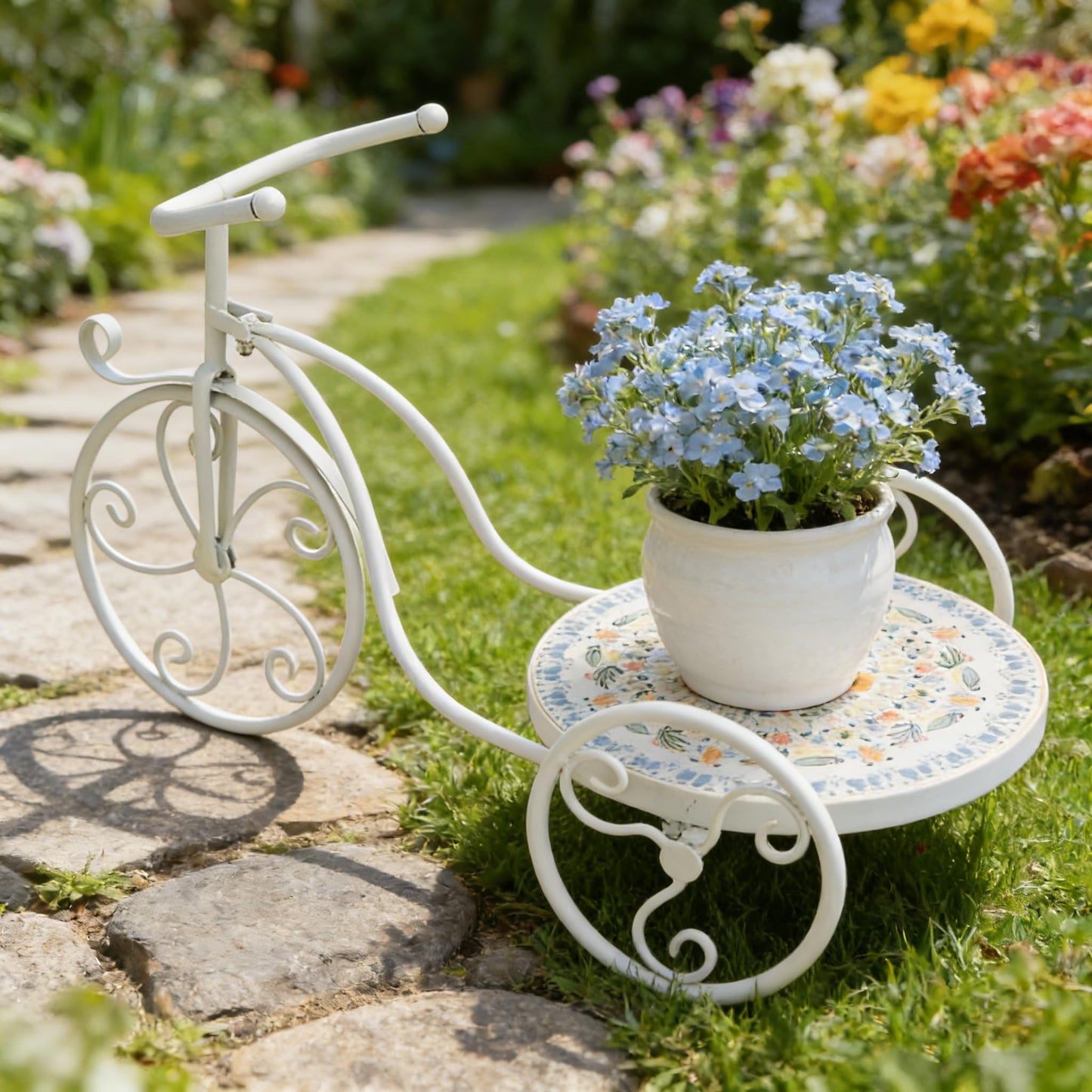 Zorvynelle Metal Bicycle Plant Stand Display Tricycle Plant Rack Flower Holder with Round Ceramic Tile Nesting Tray for Indoor Outdoor Home Garden Patio Wedding Garden Decor