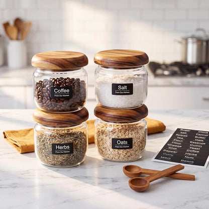 2-Pack 10 fl oz Wide Mouth Mason Jars with Spoon & Labels, Acacia Wood Lids & Press Seal, No Plastic, for Pantry, Coffee, Yogurt, Candy, Spice Storage.