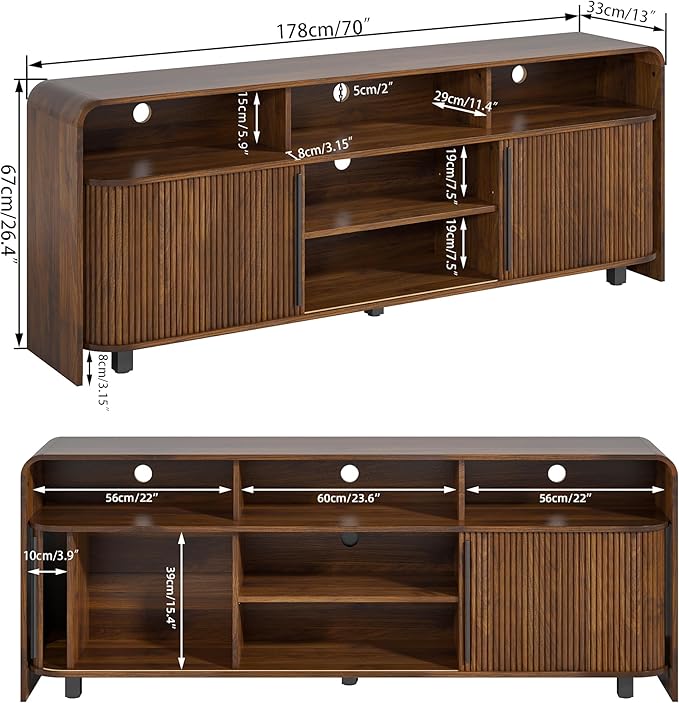Fluted TV Stand for 75 65 80 Inch TV, 70 Inch Long Walnut Entertainment Center