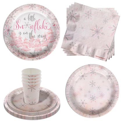 A Little Snowflake is On The Way Girl's Baby Shower Party Supplies - 64 Piece Winter Baby Shower Tableware Set Includes Large 9" Dinner Plates and 8" Dessert Paper Plates Napkins Cups - Kit for 16