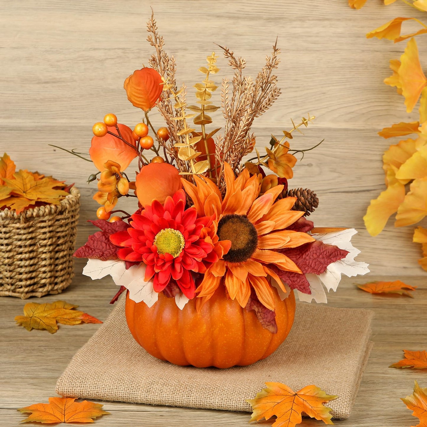 Arborus Artificial Pumpkin Fall Décor - Autumn Table Centerpieces with Red Faux Flowers, Maple Leaves, Sunflowers, Pumpkin – Halloween, Thanksgiving & Harvest Home Decoration