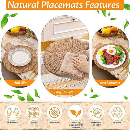 6 Sets Boho Decoration Placemats Round Woven Placemats, Cloth Napkins, Wood Bead Napkin Rings, Long Table Runner and Farmhouse Burlap Cotton for Table Kitchen (Khaki,12x72)