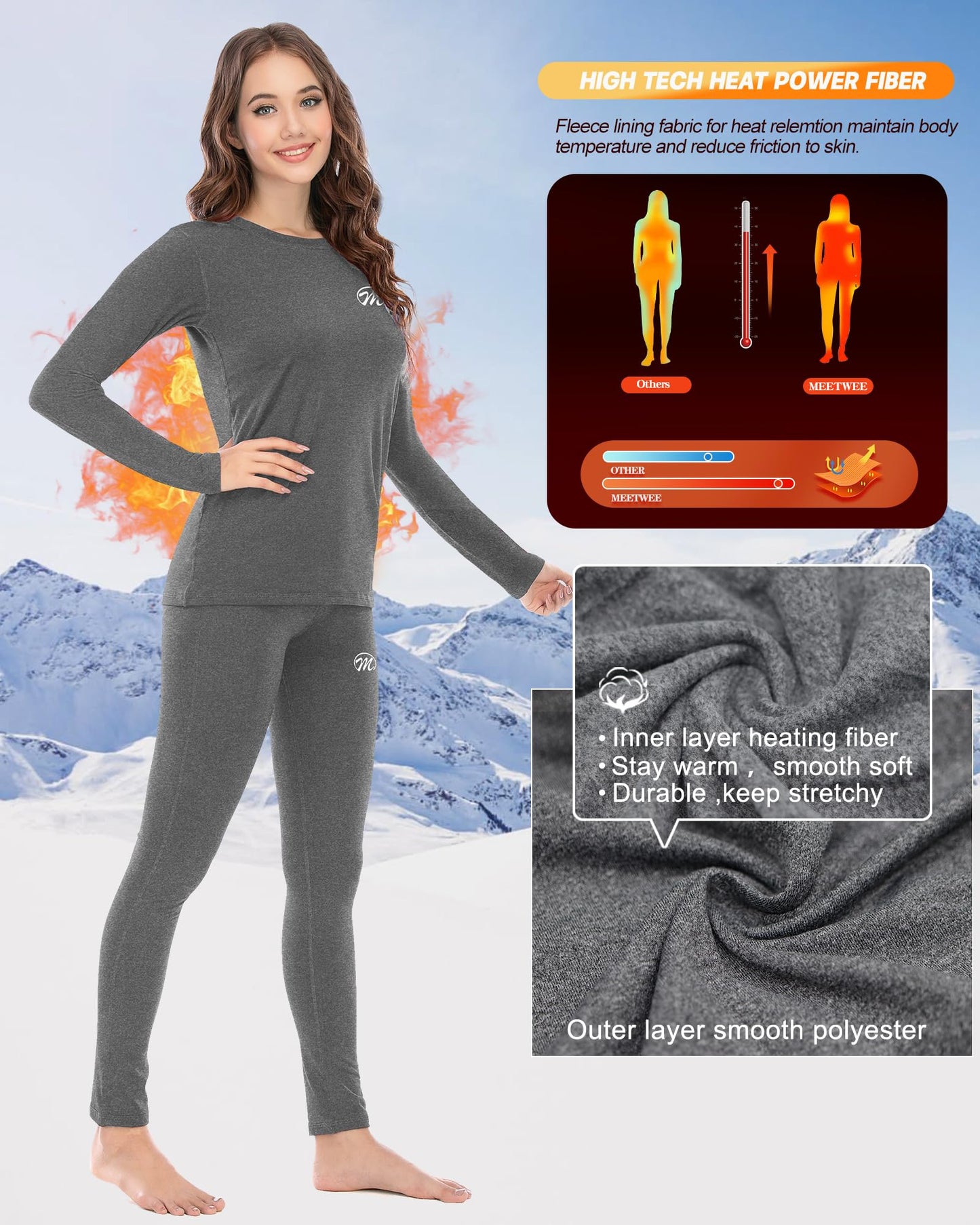 MEETWEE Women’s Thermal Underwear Set, Winter Base Layer for Ladies, Long Sleeve Top & Bottom Quick Dry Long Johns Suit with Fleece Lined for Running Skiing Workout