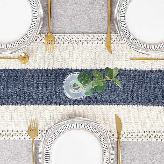 FEXIA Boho Blue Table Runner 72 Inches Long with Tassels Macrame Farmhouse Style Party Rustic Wedding Baby Bridal Shower Dining Decor (12x72 Inches)