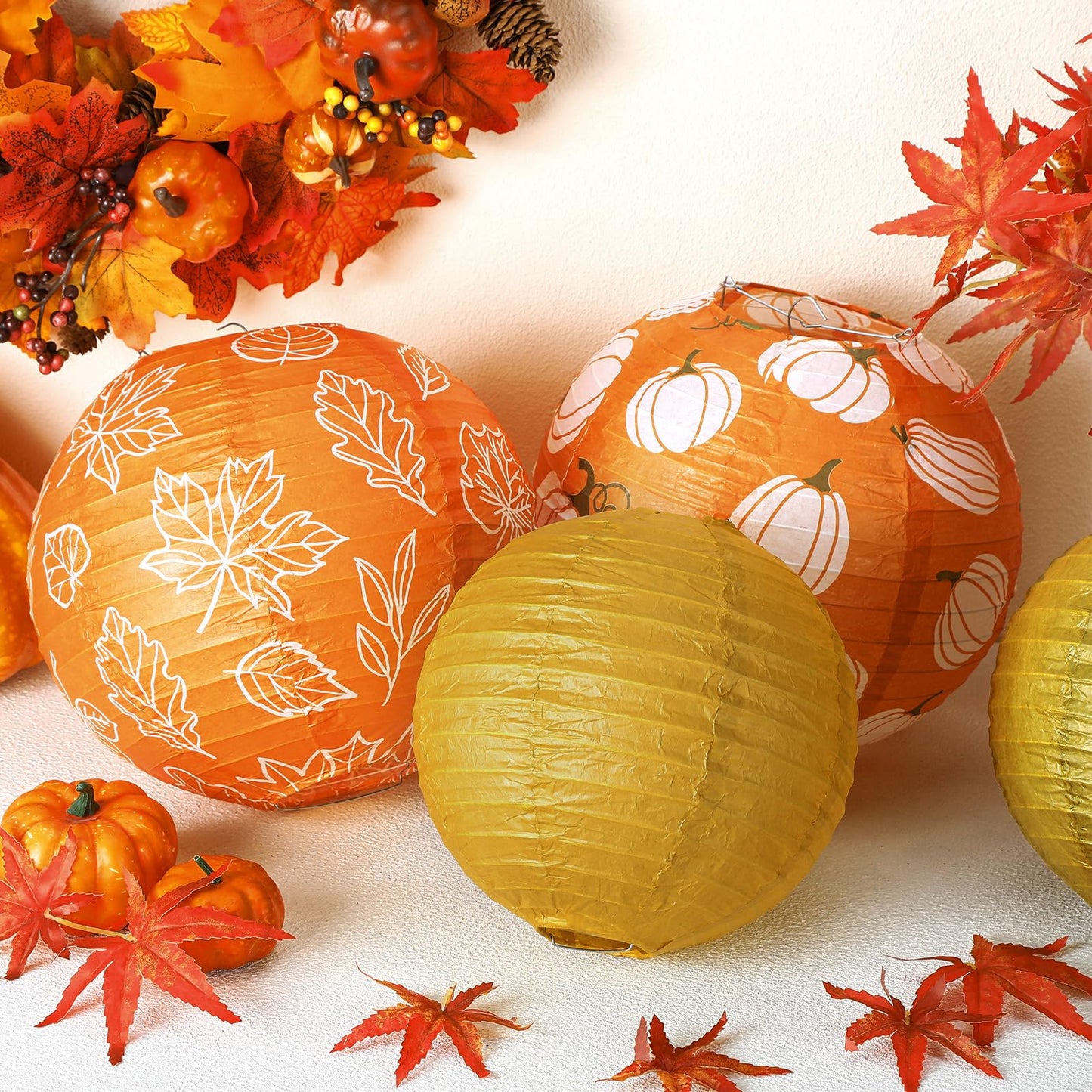 Bencailor 16 Pcs Thanksgiving Paper Lanterns Fall Party Paper Lanterns Dark Orange Pumpkin Round Thankful Maple Leaves Hanging Party Decorations for Autumn Harvest Outdoor Decor